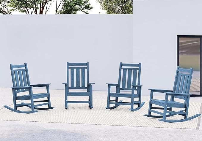 KINGYES Oversized Outdoor Rocking Chair Set of 4, All-Weather Patio Rocking Chairs for Porch, HDPE Outdoor Patio Rockers with High Back & Wide Seat for Garden, Lawn, Blue