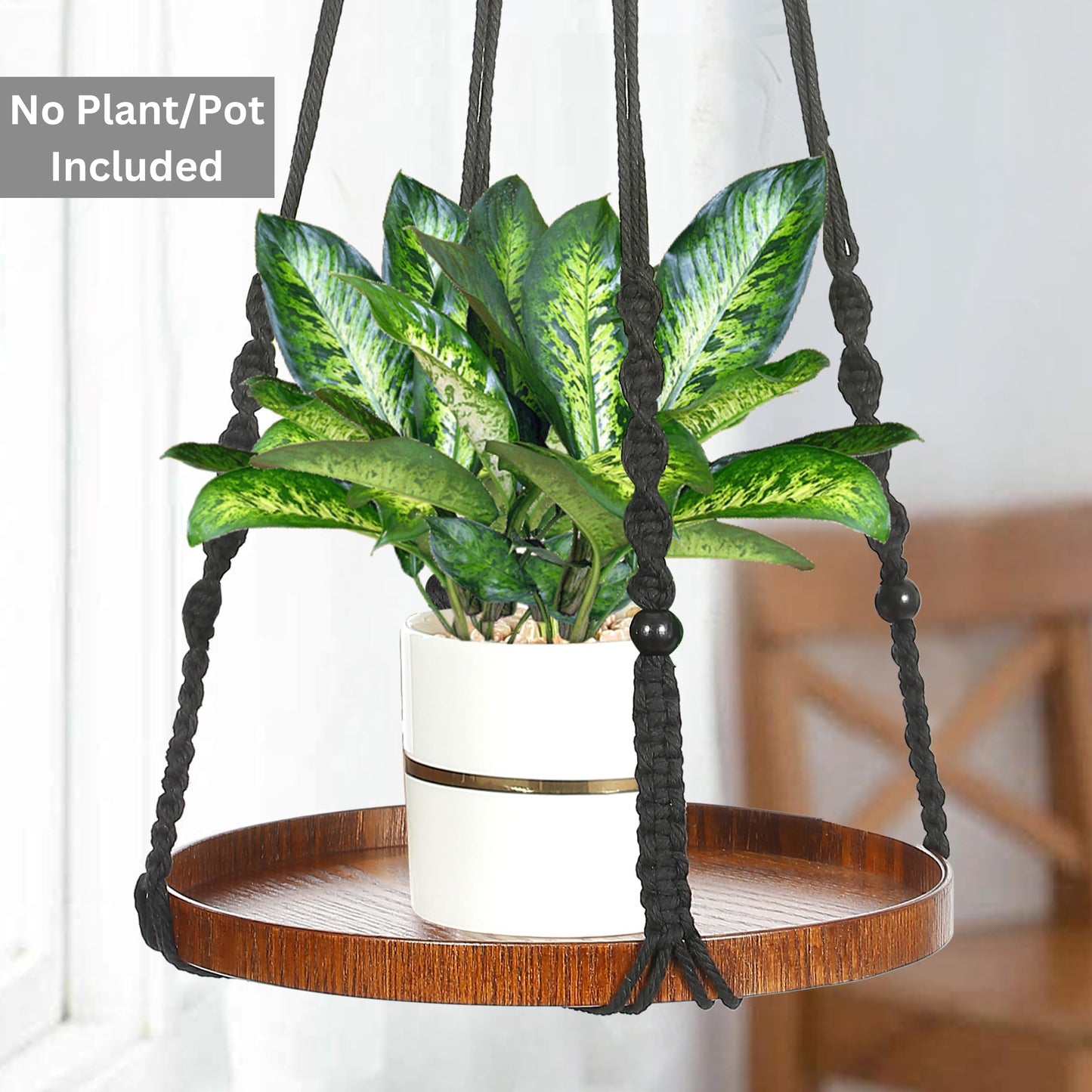 Shineloha 2 Pack Macrame Plant Hanger | Plant Hanger Indoor, Hanging Planter Shelf | Hanging Planter (Black) (1 Large + 1 Medium)