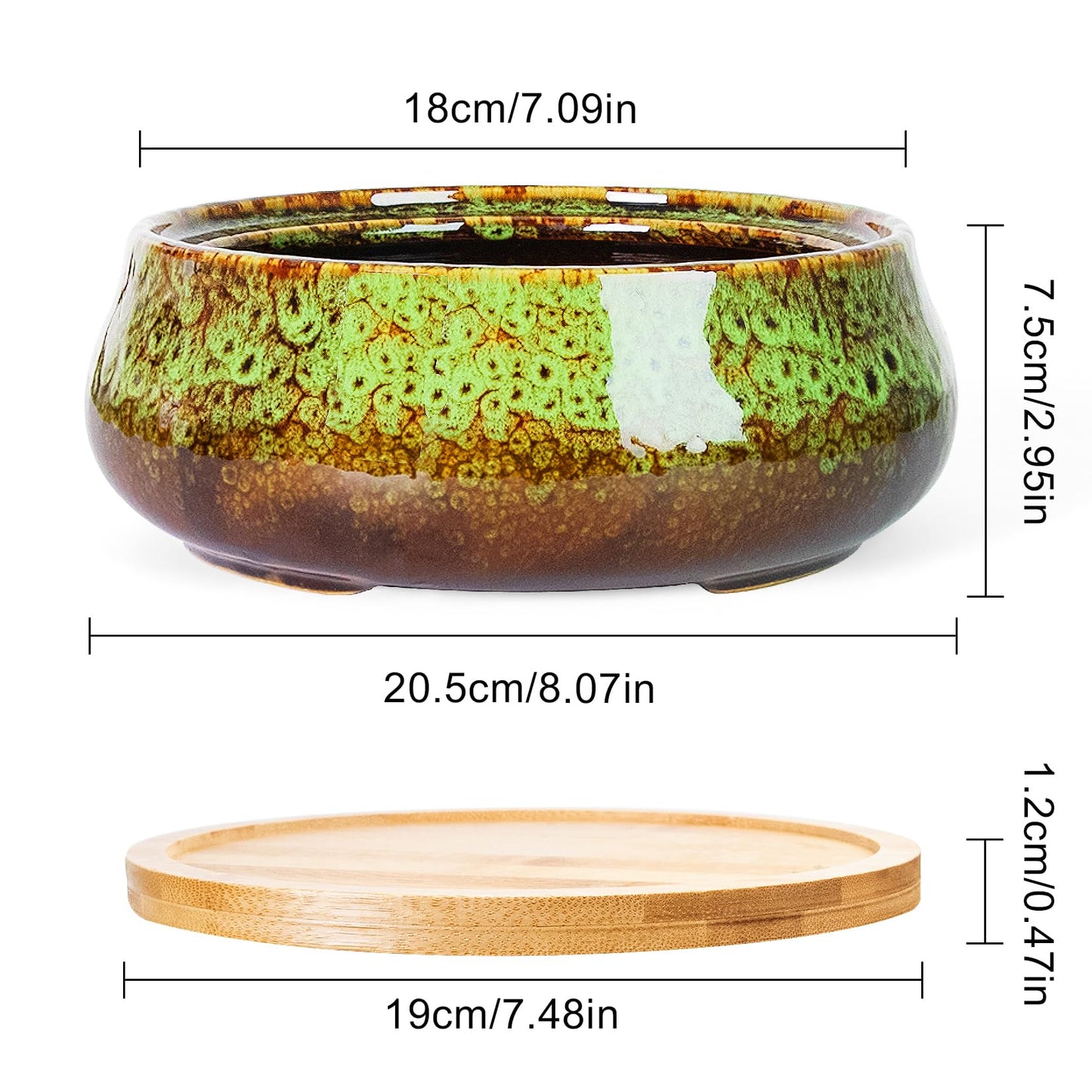 ARTKETTY Succulent Pots - Ceramic Bonsai Pots with Drainage, Large Shallow Succulent Planters for Indoor Outdoor Plants, Round Glazed Cactus Flower Plant Container Bowl Home Desk Decor