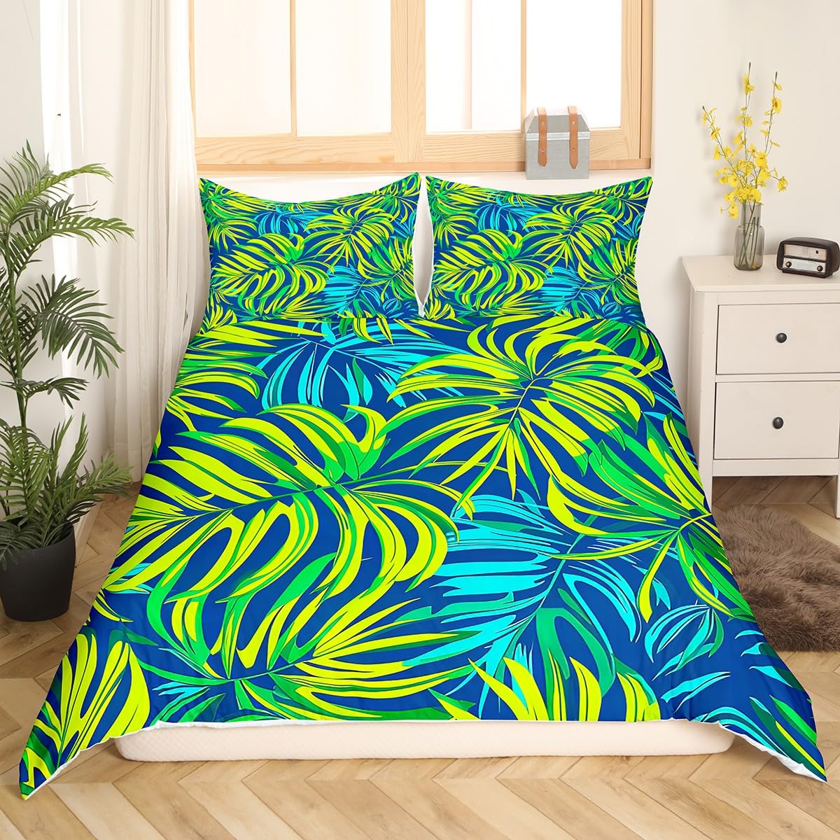 Palm Leaf Duvet Cover,Tropical Plant Comforter Cover for Kids Botany Themed Print Bed Collection,Exotic Palm Tree Natural Botanical Summer Ocean Beach Sea Hawaiian Decor Bedding Set, Queen,Green Blue