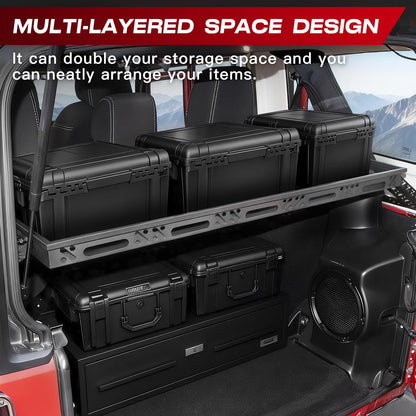 SYHVU Rear Trunk Cargo Rack Basket Tray for 2007-2026 Jeep Wrangler JK JL 4-Door Hardtops, Interior Luggage Storage Carrier Organizer for Camping & Off-Road Gear, Heavy-Duty Steel Shelf