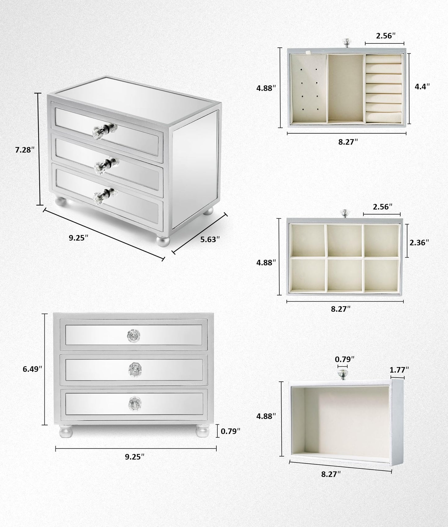 Gifturbo 3 Layer Mirrored Glass Jewelry Box, Large Capacity Women's Storage Box with Velvet Interior and Crystal Handle