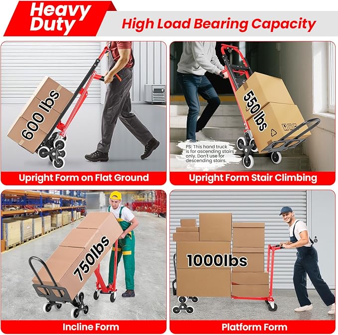 4-in-1 Hand Trucks Dolly 1000 LBS Stair Climbing Cart, Heavy Duty Industrial