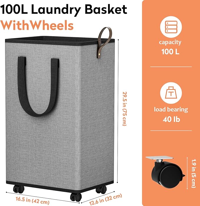Laundry Basket with Wheels, Collapsible Laundry Baskets, Laundry Hamper with