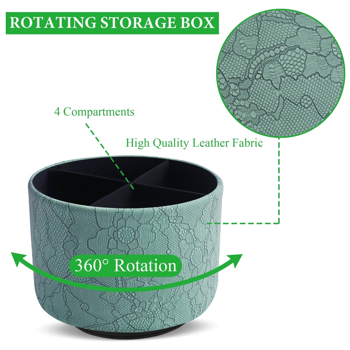 Lvkjafaz Round Leather Art Supply Organizer,Remote Control Holder,360 Degree Spinning,Multi-Functional Pencil Holder,4 Compartments Desktop Stationary Organizer(1-Lace Flower Green2)