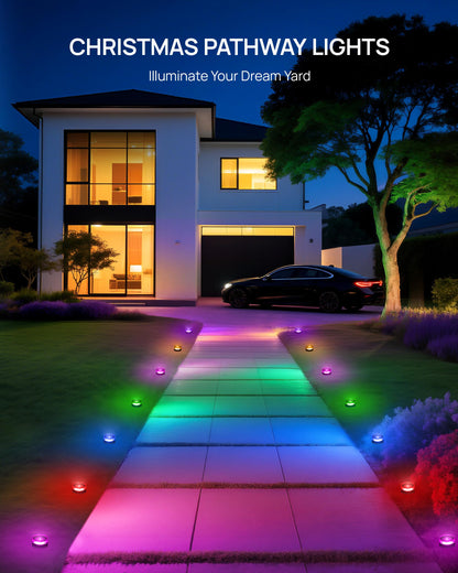 VCOKEN Christmas Pathway Lights, 50FT with Smart 15 LED RGBWW Outdoor Ground Lights with App Control, DIY Scene Modes IP65 Waterproof Walkway Light for Yard, Walkway Driveway Garden Decor