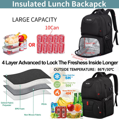 Extra Large Backpack for Men 50L,Lunch Backpack Work Bag Travel Laptop Backpack 17.3 Inch with USB Charging Port,Water Resistant Big Business Computer Rucksack for Men Women College School Black