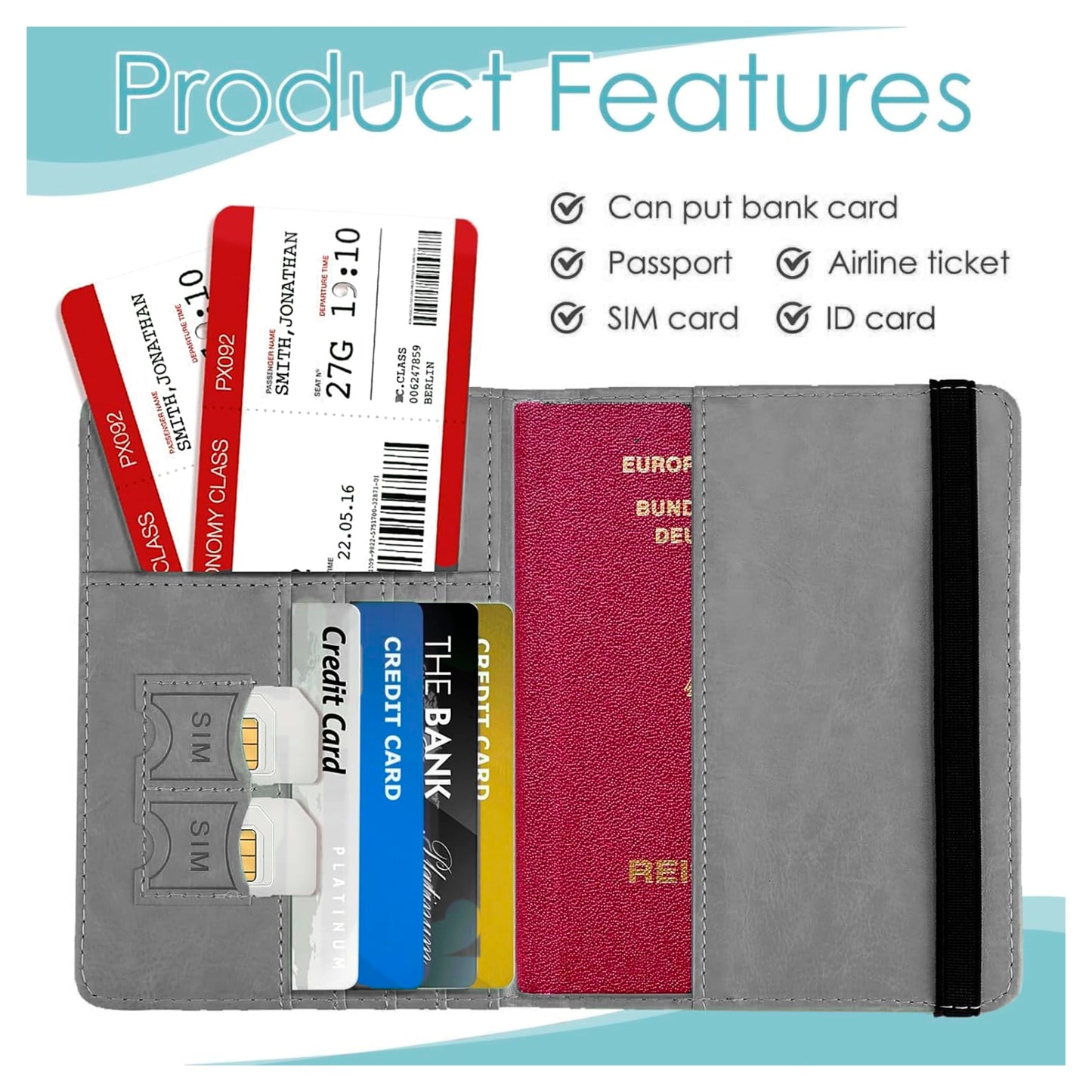 Storite Passport Holder Cover Travel Wallet Organiser with RFID Protection, Credit Card Case, PU Leather for Men & Women (Grey)