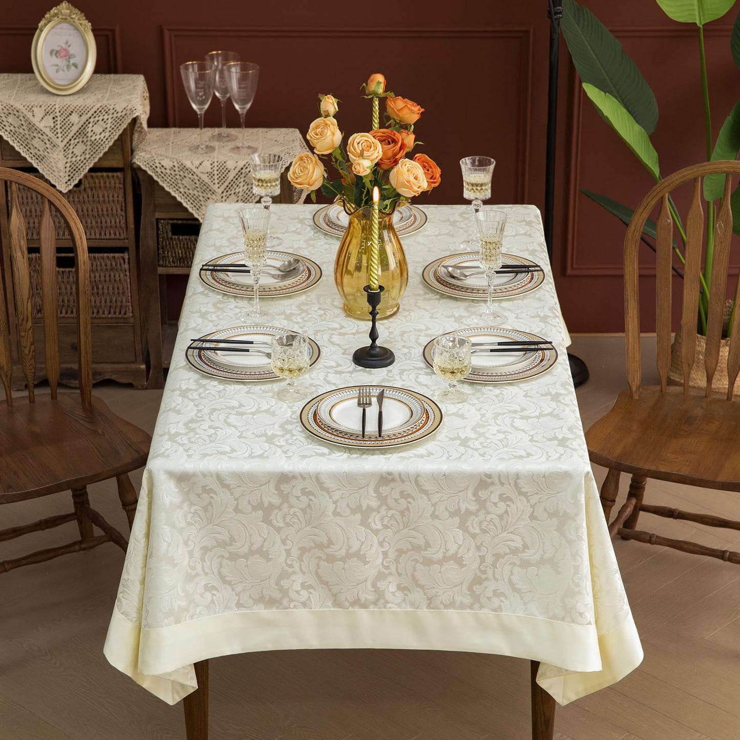 GLORY SEASON Emboss Style Textured Tablecloth Waterproof Solid Bordered Retro Tablecloths Classic Luxurious Washable Rectangle/Oblong Table Cloth,Kitchen Dinning Decor 60x84 Inch