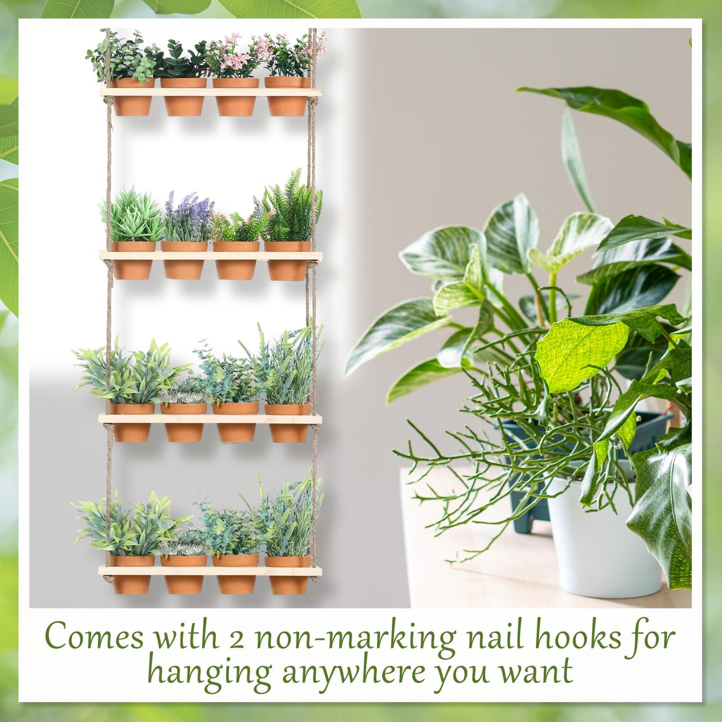 FillTouch 4 Tiered Window Plant Shelves Hanging Herb Planter Indoor Display with 16 Pcs Flower Pots Wood Window Plant Hanger for Grow Herbs Succulents Microgreens Seedling Organization