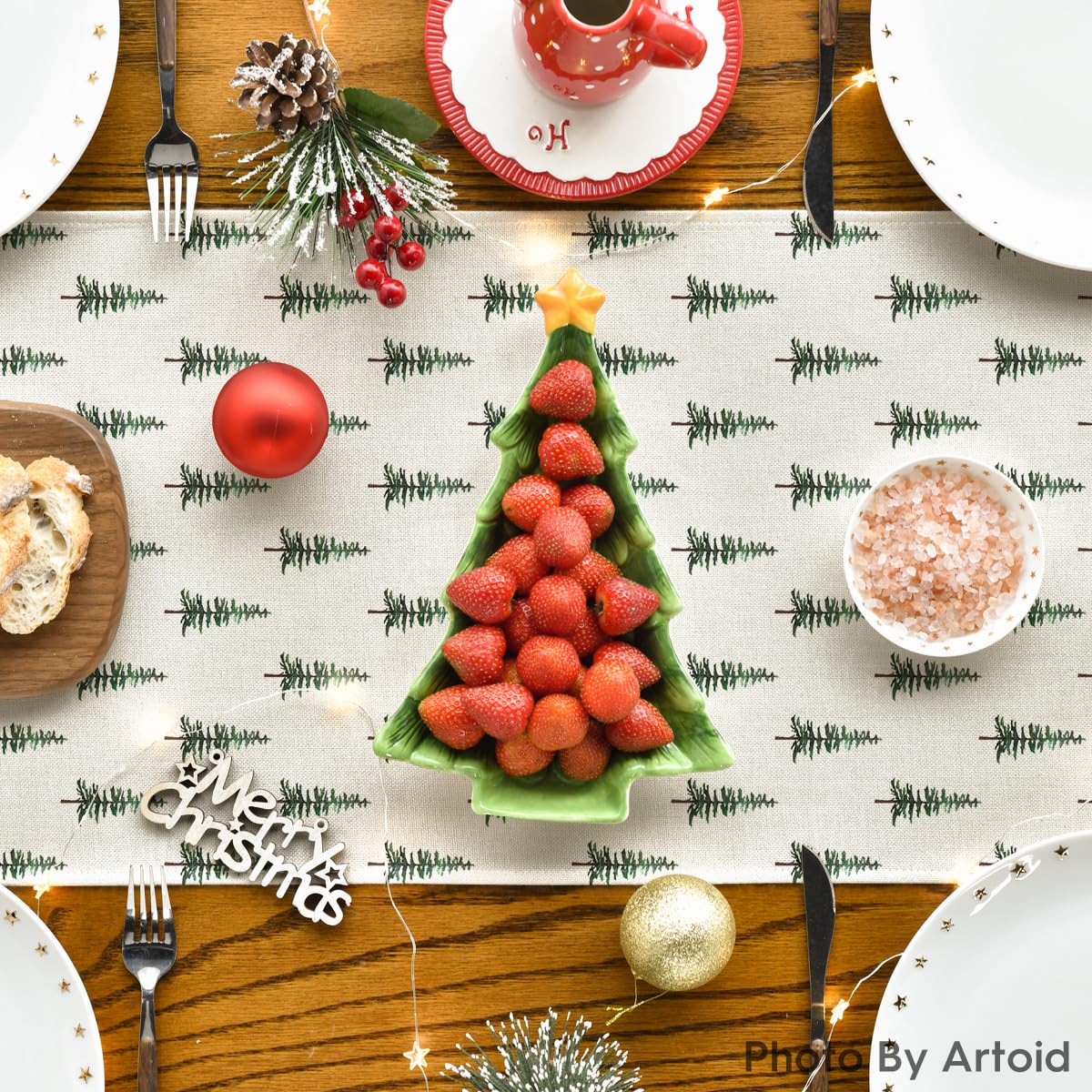 Artoid Mode Beige Xmas Tree Christmas Table Runner, Seasonal Winter Kitchen Dining Table Decoration for Home Party Decor 13x72 Inch