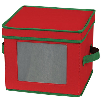 Household Essentials Holiday China Plate Storage Box, Salad Plate Storage, Windowed Panel, Stackable and Foldable Frame, Handles and Fully Removable Lid, Red with Green Trim