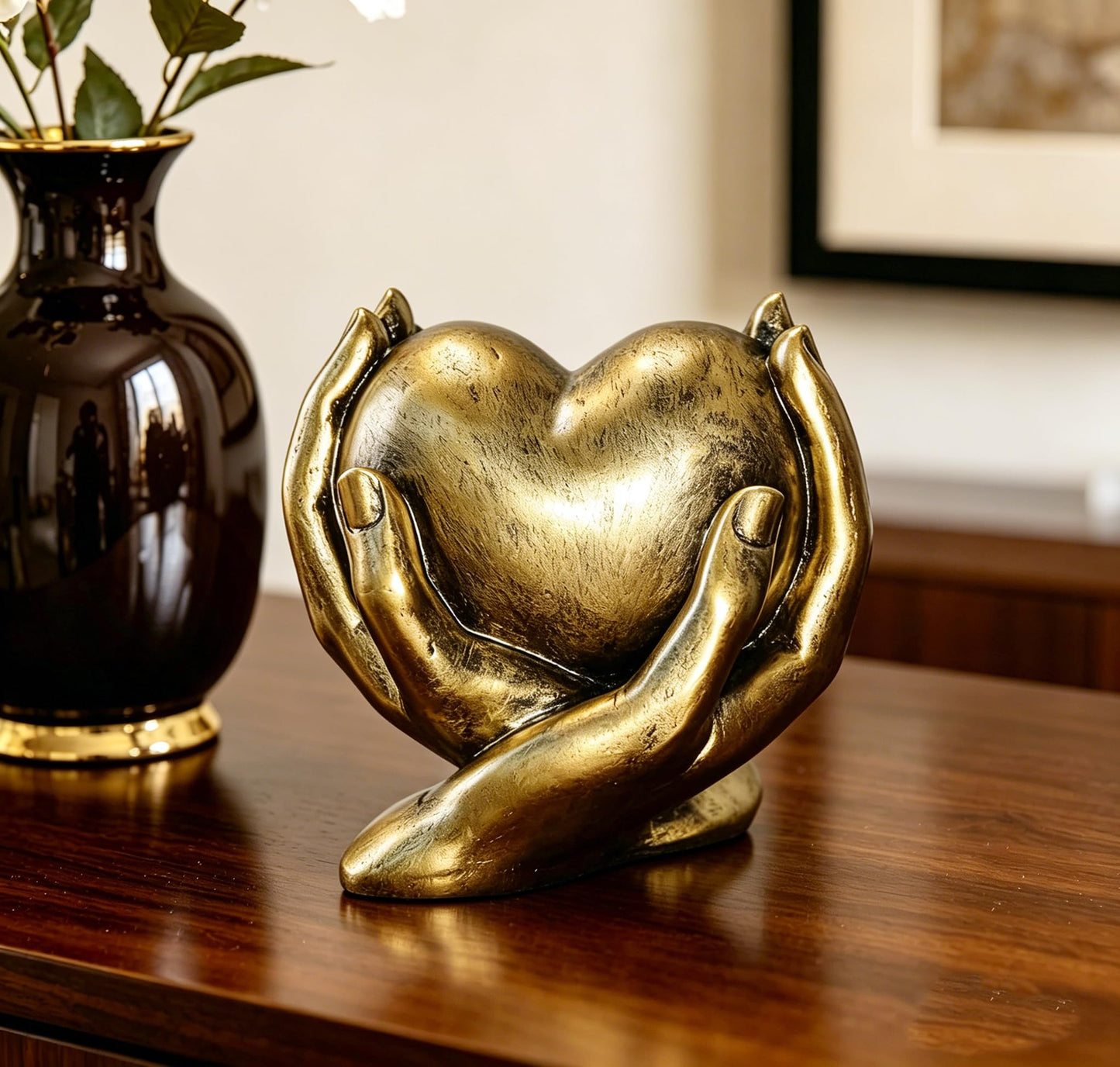 Gold Heart Hands Sculpture Boho Home Decor Accents Love Statue Living Room Decoration, Ideal for Coffee Table, Shelves, Home, Bedroom, Birthday, Wedding Love Table Decor