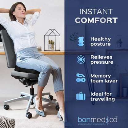 bonmedico Memory Foam Seat Cushion for Office Chair - Non-Slip, Seat Pads for Coccyx Pain Relief to Support Standing - Portable Car Seat Cushion w/Handle for Lower Back Support