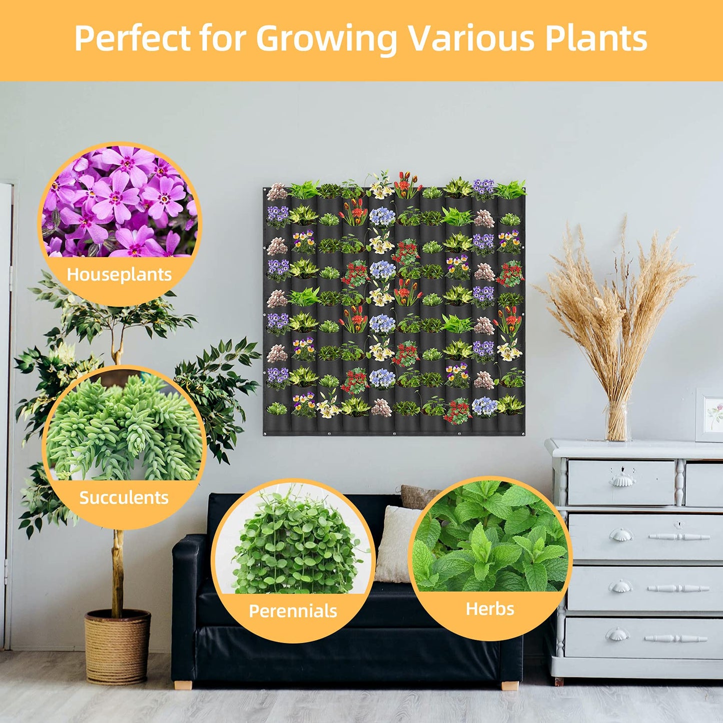 Hanging Planting Grow Bags, 90 Pockets Wall Planter Wall Mounted Grow Bag Outdoor Indoor Gardening Vertical Greening Flower Container, Planting Bags Storage Bags(1.1 m × 1.1 m, Black)