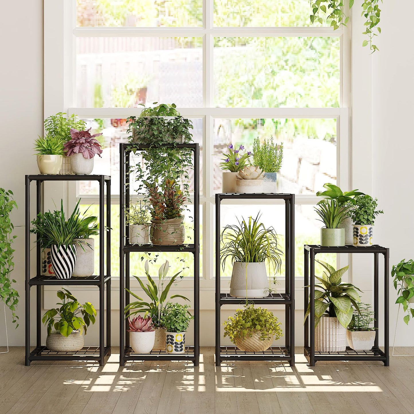 Bamworld Plant Stands Indoor 4 Sets Plant Shelves Outdoor Metal Plant Holder for Multiple Plants Flower Stands for Living Room Balcony Garden Patio Lawn Window Black