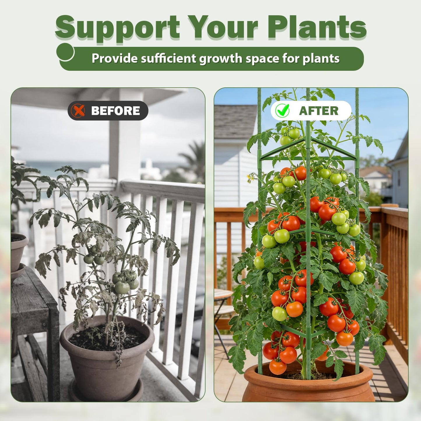 Tegarbed 6 Pack Tomato Cage for Garden Plant Supports, Up to 53 Inch Tomato Trellis for Potted Plants, Heavy-Duty Garden Plant Stakes for Climbing Vegetables Plants Cucumber Peony Flowers, Green