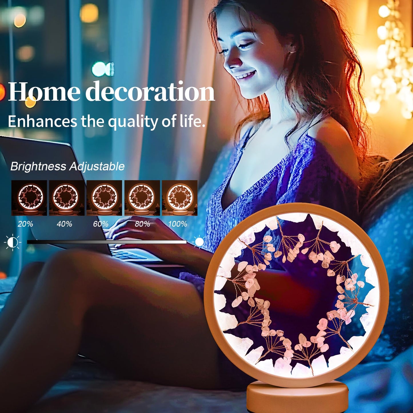 Runyangshi Crystal Night Lamp Natural Rose Quartz Crystals Small Tree Bedside Ambient Lamp USB Port 3 Colours Adjustable Lamp Suitable Night Light for Living Room Bedroom Office Home Decor Gift
