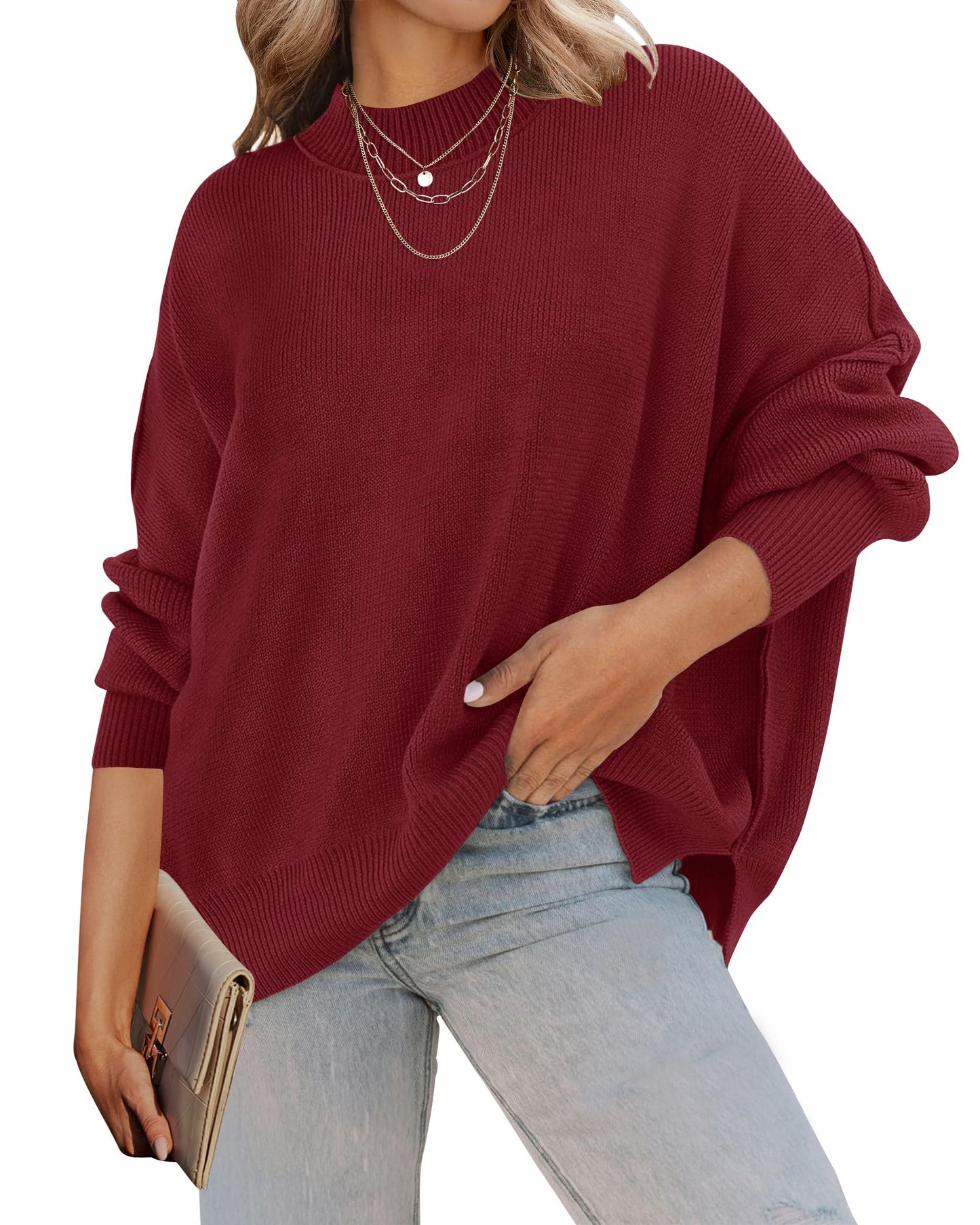 ZESICA Women's Fall 2025 Casual Long Sleeve Crew Neck Side Slit Oversized Ribbed Knit Pullover Sweater Tops