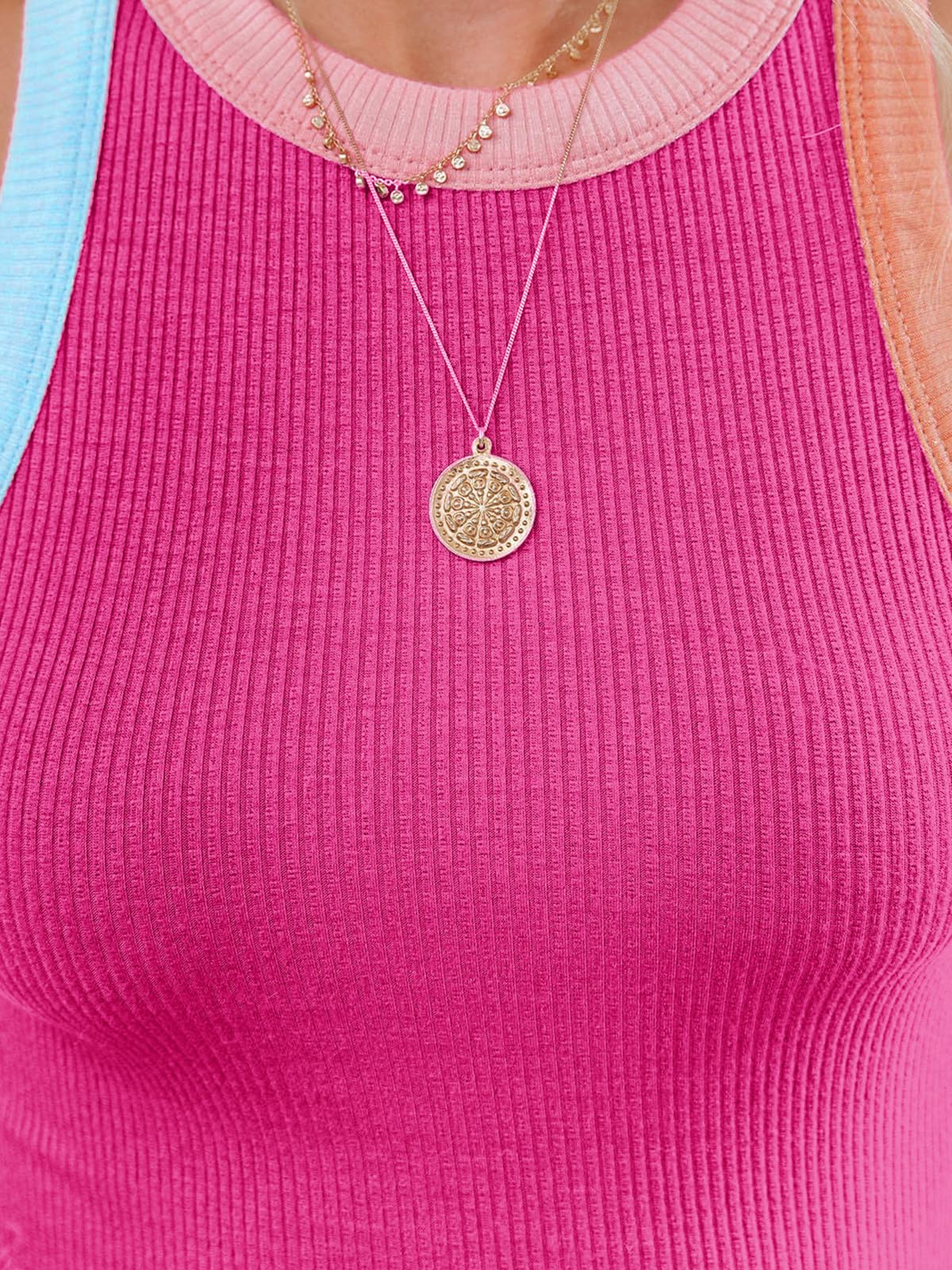 siliteelon Womens Colorblock Racerback Crew Neck Casual Basic Ribbed Fitted Tank Top Sleeveless Camis- Hot Pink XL