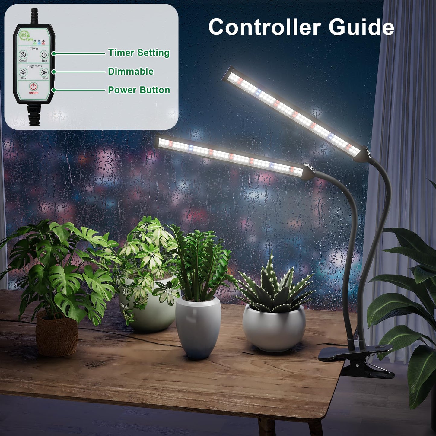 GooingTop Grow Light LED Gooseneck Lamp,Dual-Head White Full Spectrum 148 LED Plant Lamp with Red Blue Light Clip-on Desk for Indoor Plants Growing,Diming & Auto Timer,Super Bright