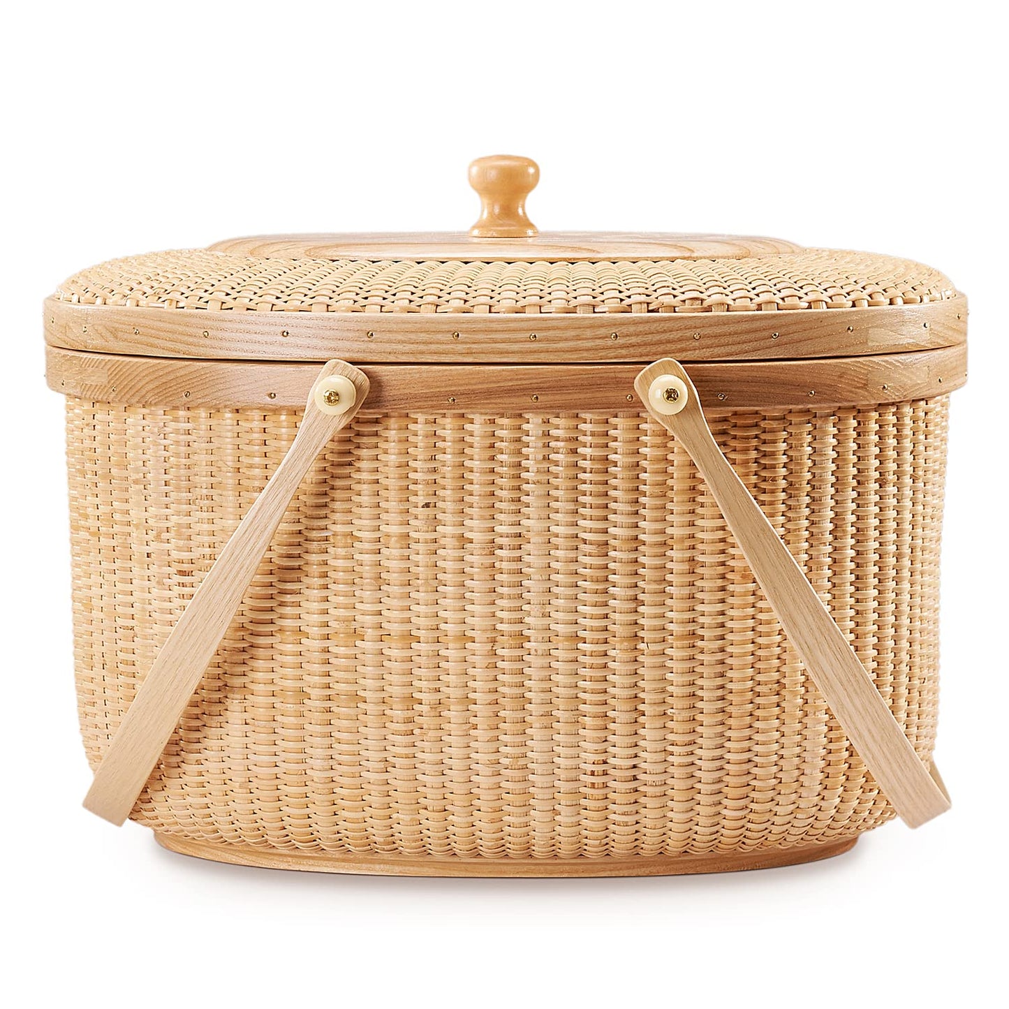 Teng Jin Nantucket Sewing Basket, Cane-on-cane Weave, Hard Ash, Oval, With Lid and Wood Handles
