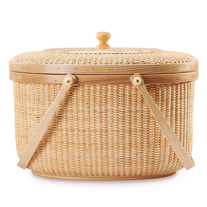 Teng Jin Nantucket Sewing Basket, Cane-on-cane Weave, Hard Ash, Oval, With Lid and Wood Handles