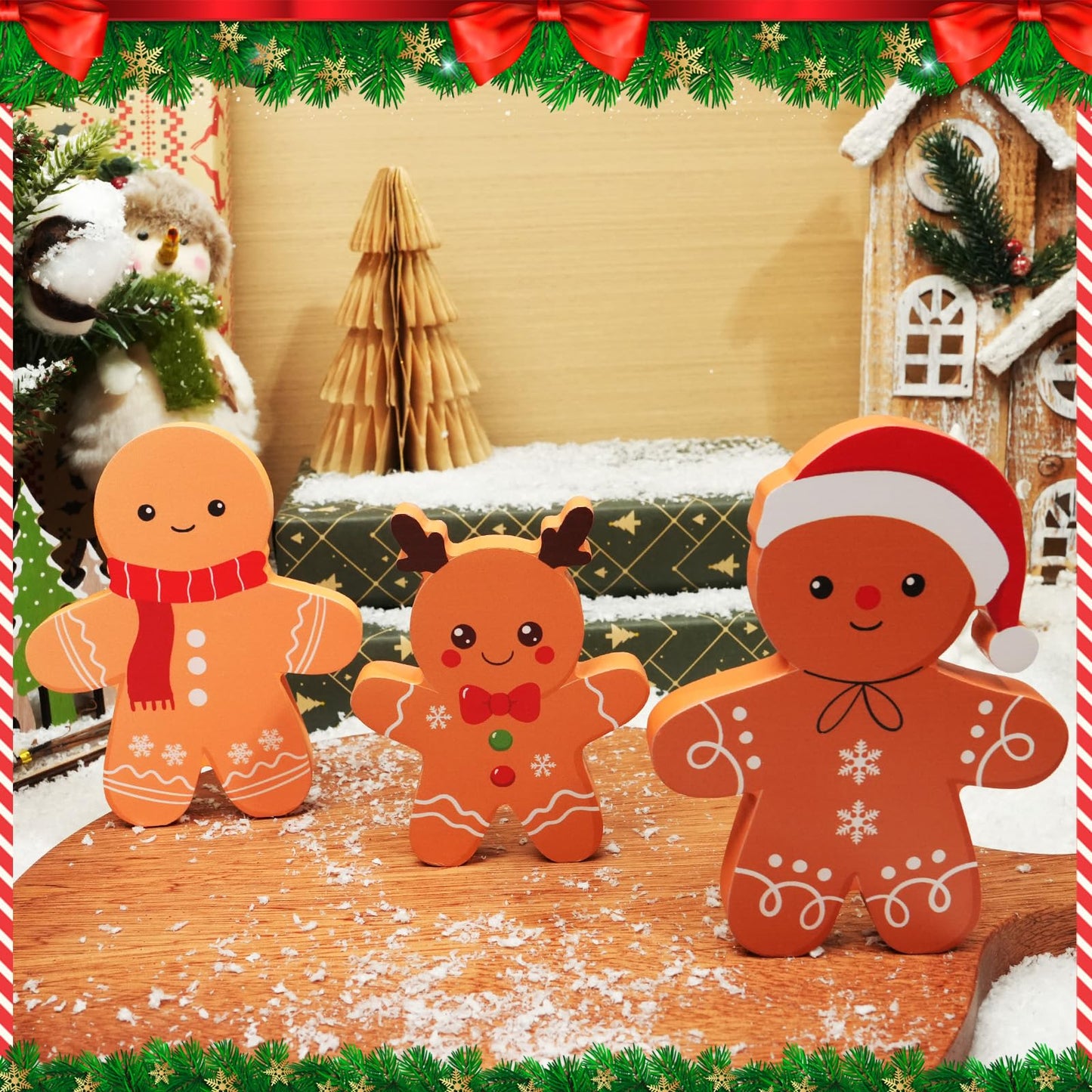 COCHIE Gingerbread Man Christmas Decorations Indoor, Tiered Tray Decor Set of 3, Wooden Gingerbread Blocks Xmas Table Decoration for Party, Home, Office, Shelf, Door (2024)