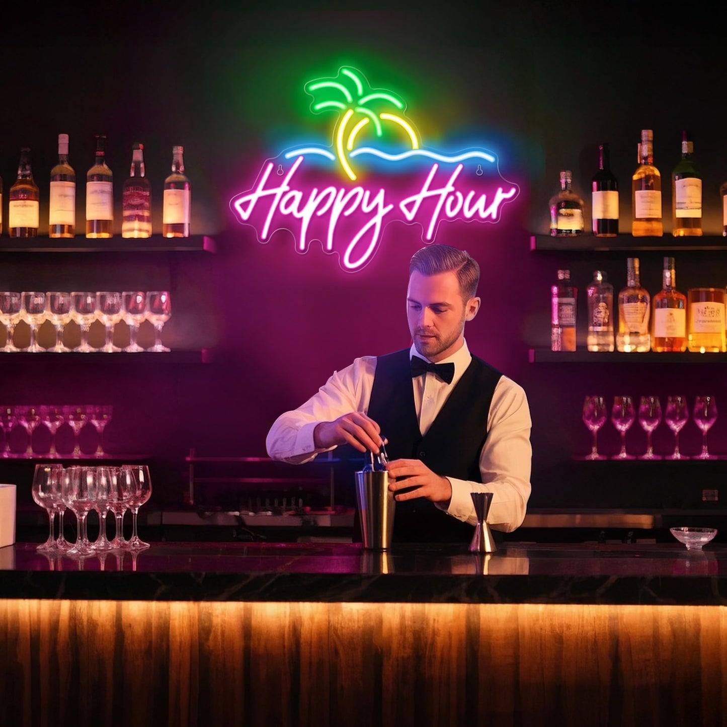 Kavaas Happy Hour Neon Sign 15.7" x 11.2", Palm Tree Neon Bar Signs for Home Bar Man Cave Club Pub Party - Best Gifts for Husband, Father, Birthday, Christmas