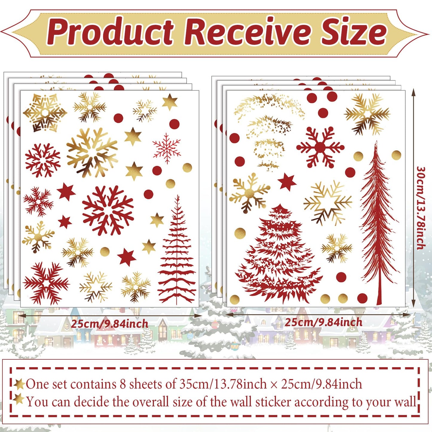 Teling 8 Pieces Winter Snowflake Wall Decals Stickers Dreamy Nursery Forest Woodland Trees Deer Pine Tree Wall Decals for Kids Room Winter Decor(Red, Gold)
