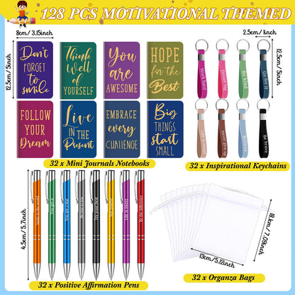 Pajean 128 Pcs Inspirational Gifts Bulk Motivational Notebooks Journal Ballpoint Pens Positive Affirmation Keychains Organza Bags for Students Teachers Employee School Office Prizes Favors Supplies