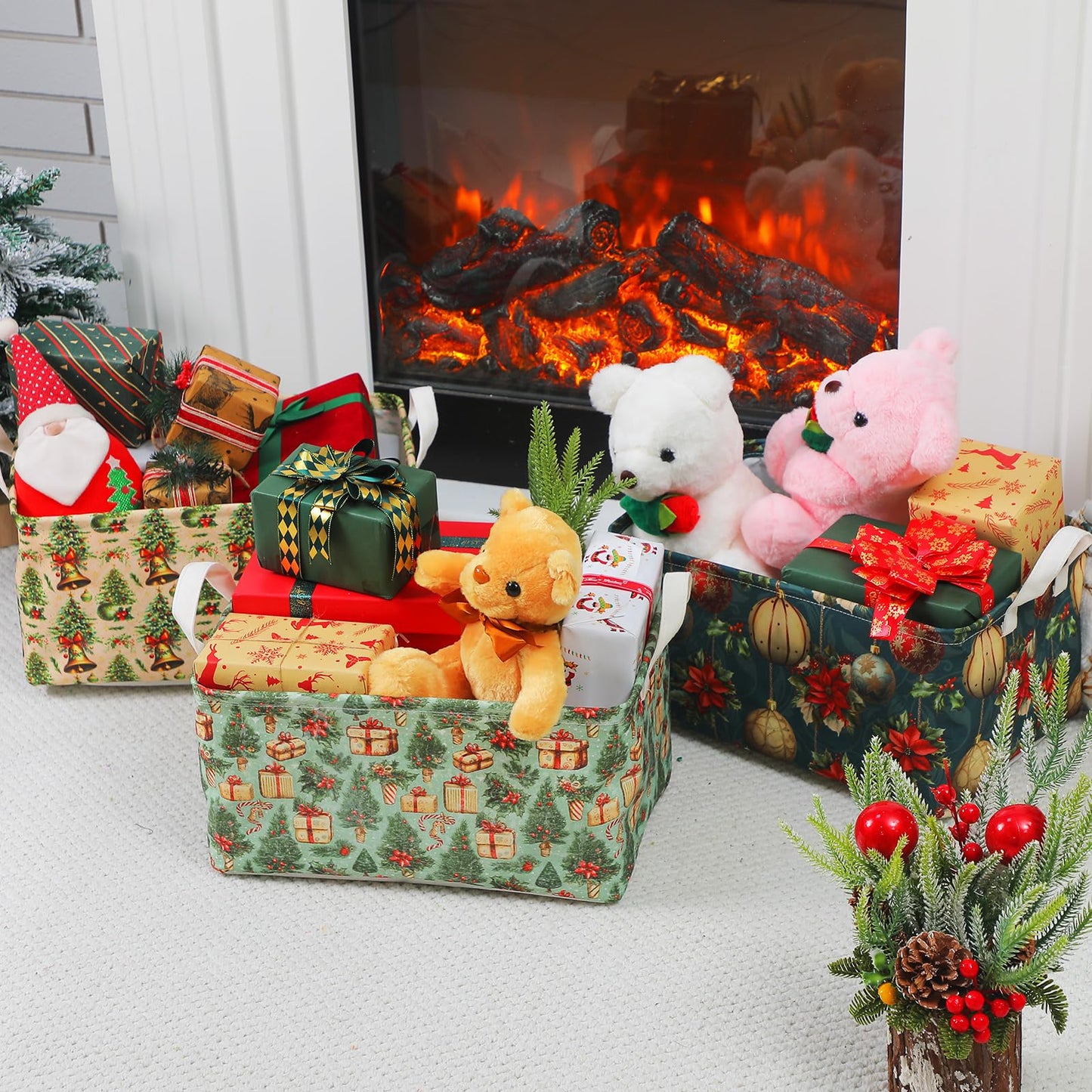 LemonRoad 6 Pcs Christmas Storage Baskets for Gifts Large Empty Collapsible Christmas Storage Bins Canvas Laundry Box with Handle Xmas Containers for Office Home Bedroom Clothes Holiday Decor