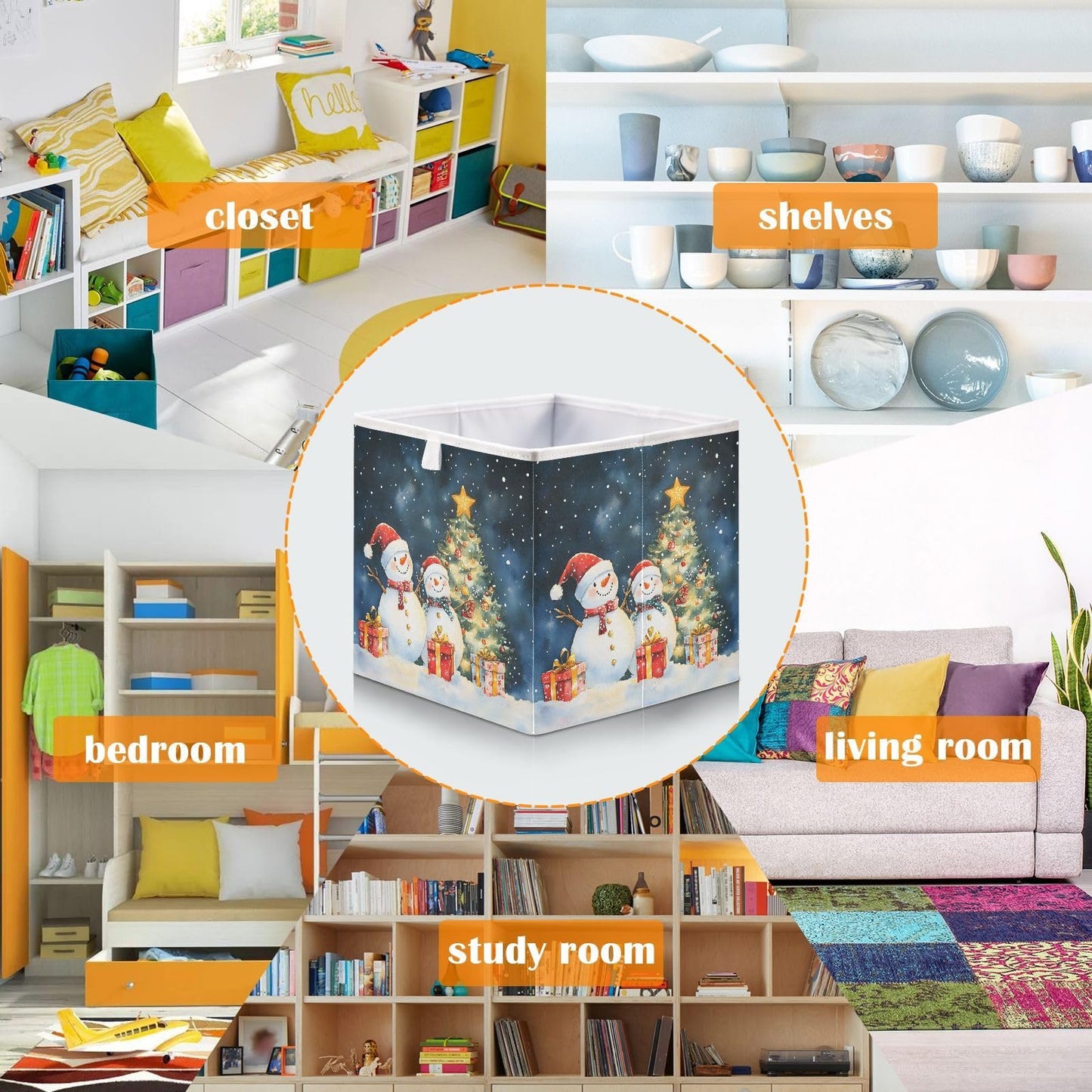 senya Large Storage Bins Two Snowmen Collapsible Foldable Storage Cubes Fabric Basket Closet Organizer Containers Box for Home Bedroom Office 15.7 x 10.6 x 6.9in