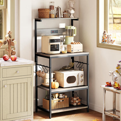 SUPERJARE Kitchen Bakers Rack with Power Outlet, Coffee Bar Table 4 Tiers, Kitchen Microwave Stand with 6 S-shaped Hooks, Storage Shelf Rack for Spices, Pots and Pans - Rustic Brown