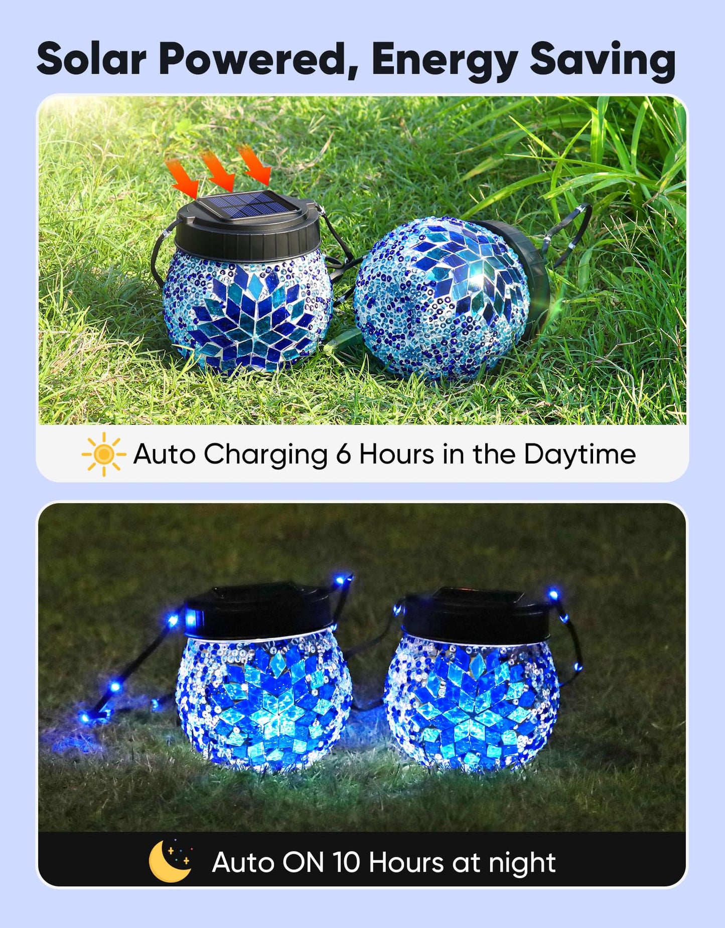 Mosaic Solar Lights Outdoor 6 Pack, Solar Hanging Lanterns Christmas Halloween Gifts for Women Mom Grandma, Waterproof Glass Globe Lights, Garden Patio Decor for Yard, Tree, Balcony, Cold