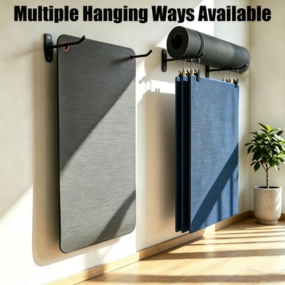 Yoga Mat Wall Mount Hanger ,Metal Yoga Mats Storage Rack, Home Gym Storage with 8 Clips, No-Roll Flat Storage for Folded/Rolled Mats, Foam Rollers, Towels, Resistance Bands, Black Wall Organizer for Gym, Yoga Studio, Bedroom