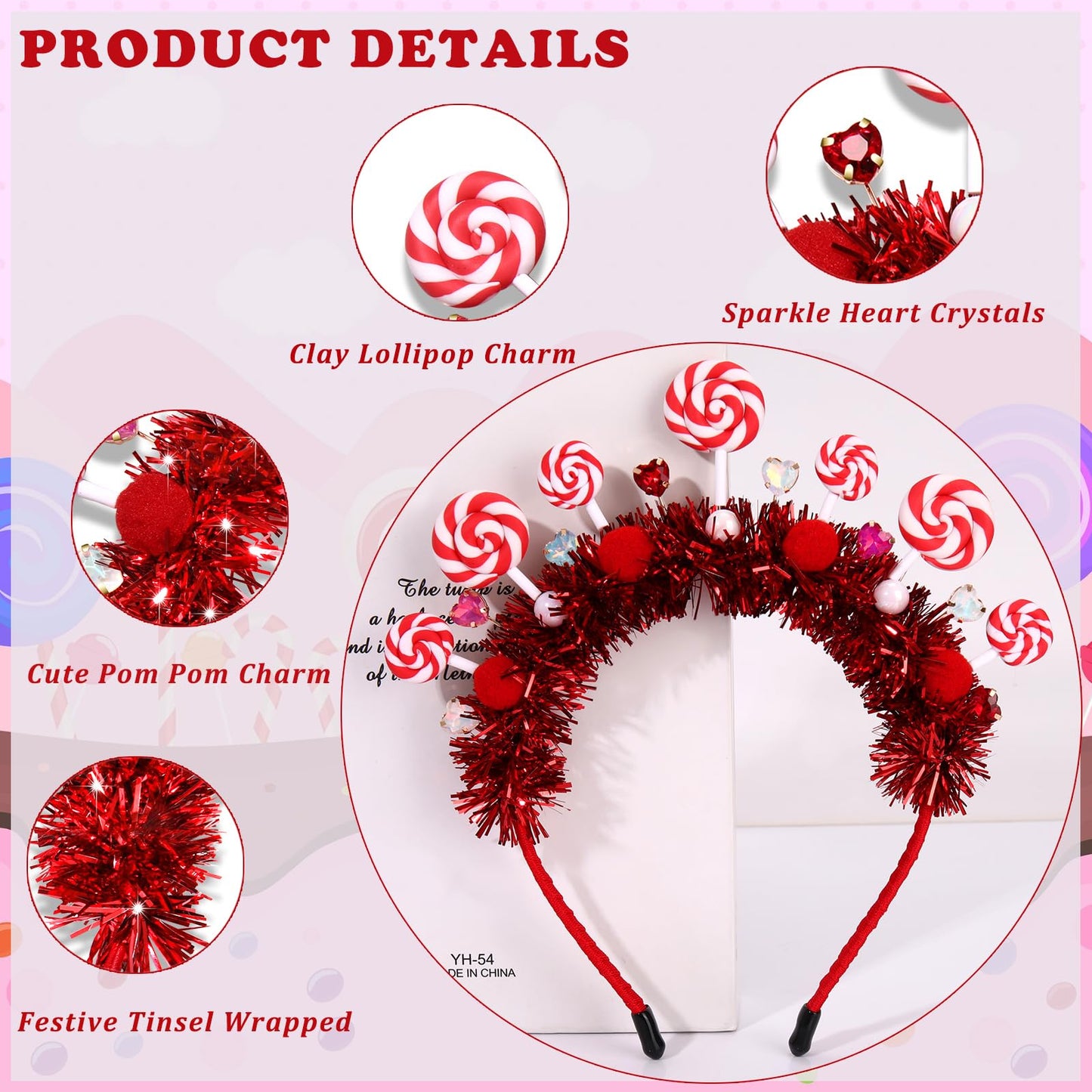 NVENF Candy Headband for Women Red Pink Candy Cane Christmas Headbands Kawaii Lollipop Headbands Candy Themed Party Favors Halloween Costume Holiday Christmas Outfits Birthday Gifts (Pattern C)