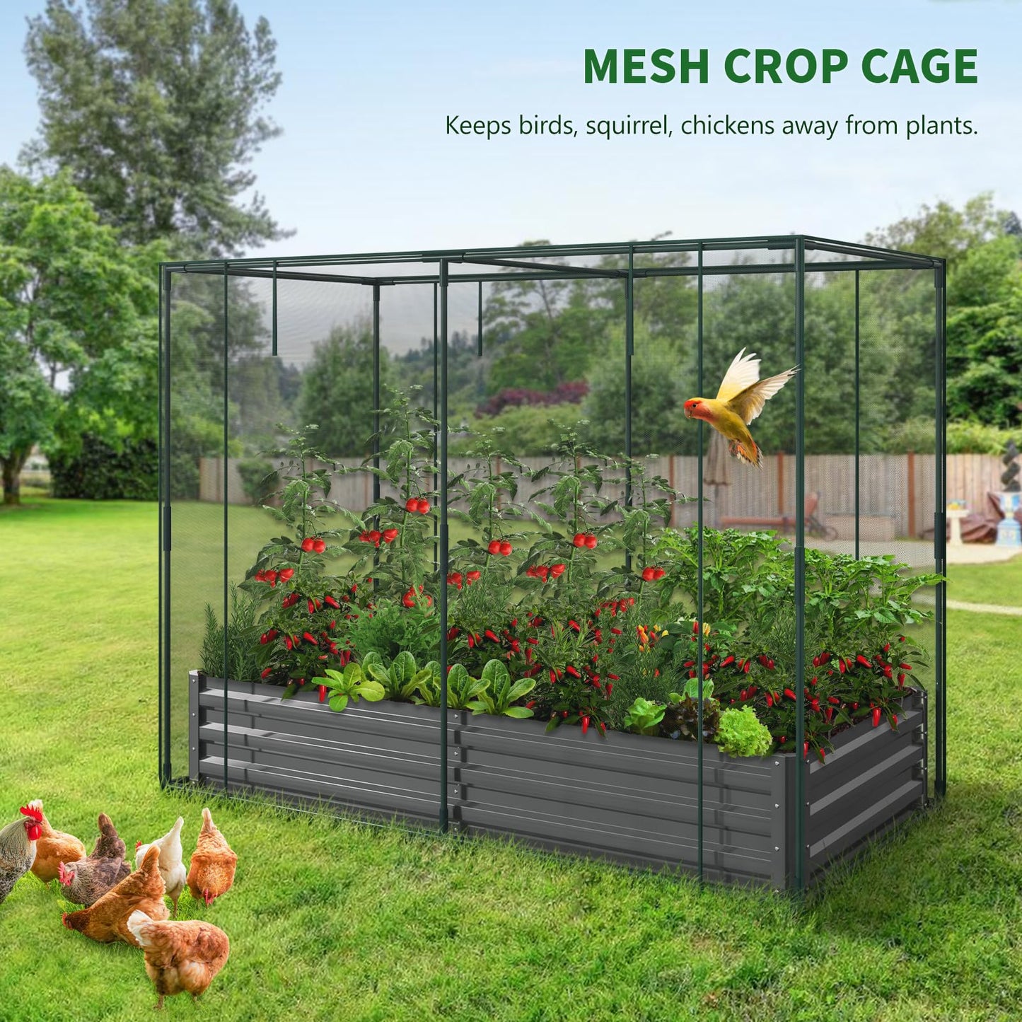 UrGROWA Galvanized Raised Garden Bed with Crop Cage Plant Protection Net Tent Kit for Garden Plant, 71"x35.4"x 59" Plants Protection Tent Cage Metal Planter Box Bottomless Planting Vegetables Outdoor