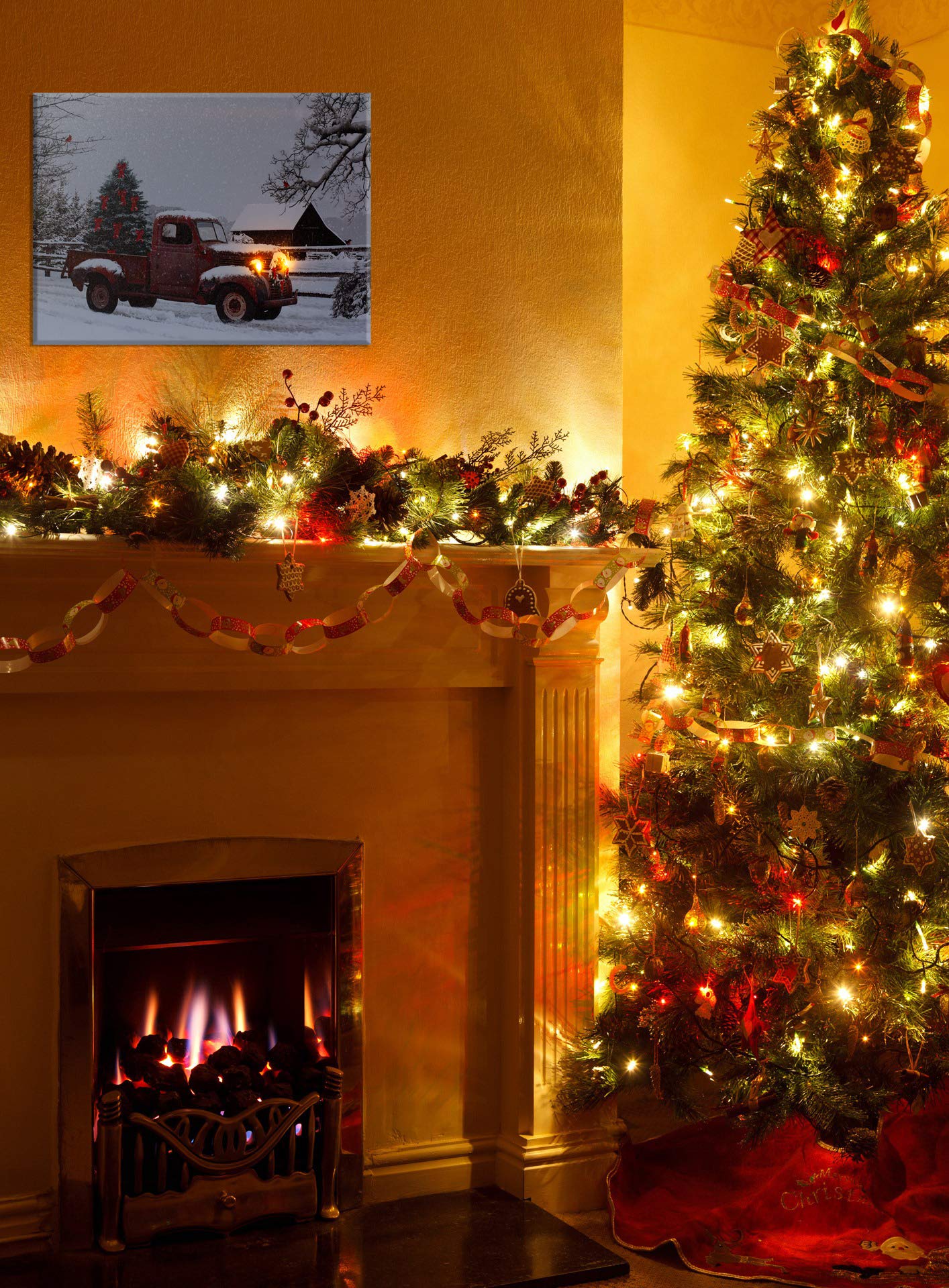 BANBERRY DESIGNS LED Wall Art - Lighted Red Truck Canvas Print - Picture with Christmas Tree and Vintage Lighted Red Pick-Up Truck Winter Scene - Barn and Farmstead Setting - Measures 15.75" x 11.75"