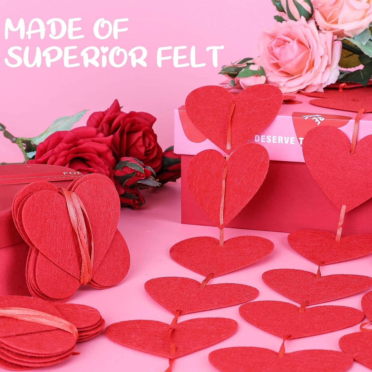 40PCS Valentines Day Decor, Red Heart Banner with Felt Hearts, Hanging Valentines Day Decoration Indoor Outdoor Valentine's Day Party Banner for Wall Fireplace Office Home Decor