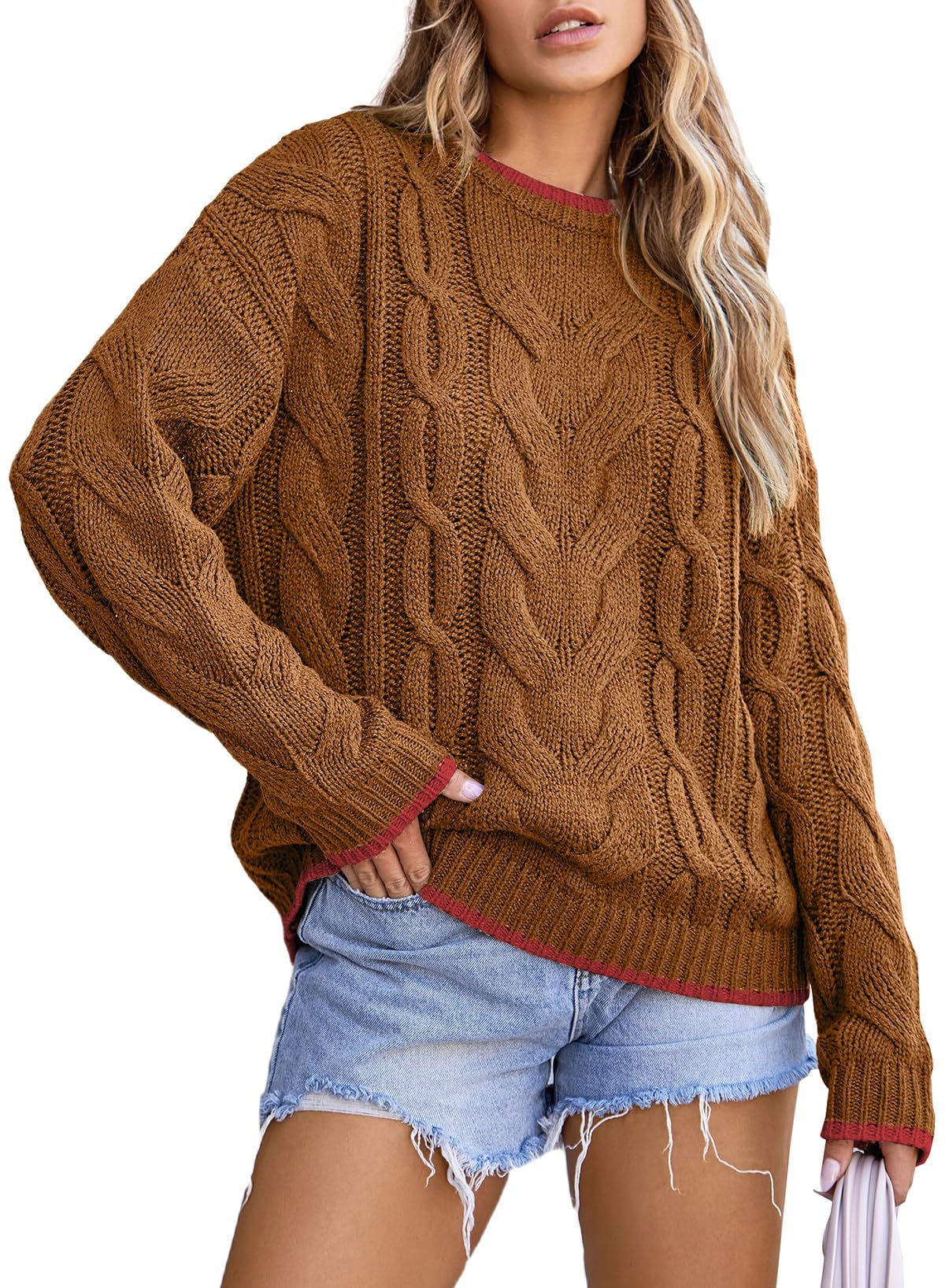 EVALESS Sweaters for Women Trendy Crewneck Long Sleeve Color Block Sweater Tops Fall 2025 Chunky Cable Knit Pullover Sweaters