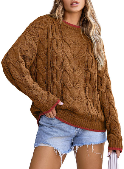 EVALESS Sweaters for Women Trendy Crewneck Long Sleeve Color Block Sweater Tops Fall 2025 Chunky Cable Knit Pullover Sweaters