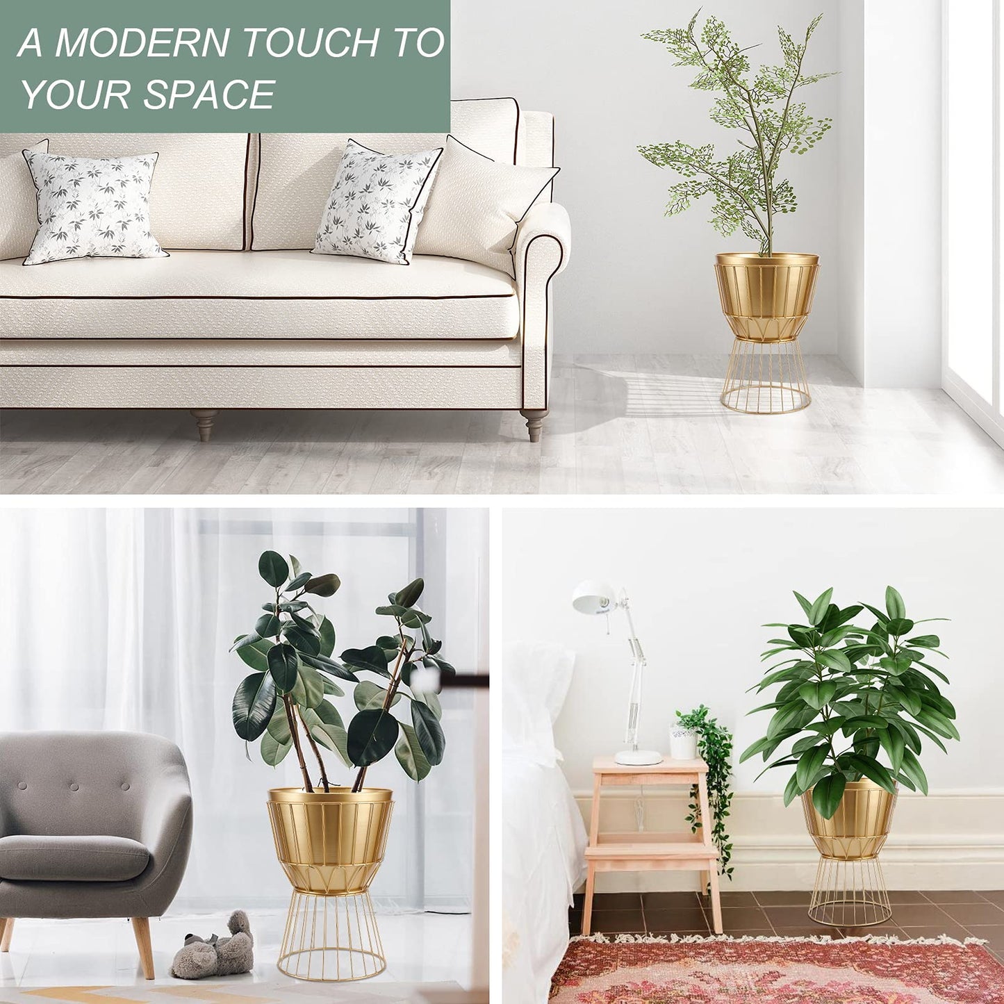 MSTFLOR Metal Planter Stand with Pot 12" - Decorative Gold Plant Stand Holder Flower Potted Rack for Corner Display, Living Room, Office, Indoor, Modern Home Decor - 17.5" Tall