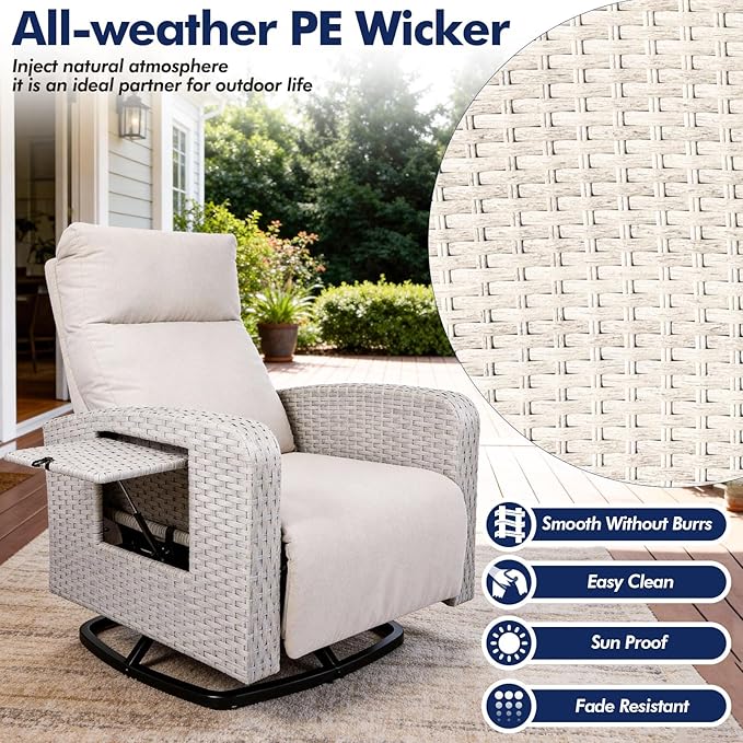 Outdoor Recliner Chair, Wicker Patio Recliners with Adjustable Backrest and Extended Foot Rest, Reclining Patio Chairs with Flip Table & Removable Cushion Cover for Porch