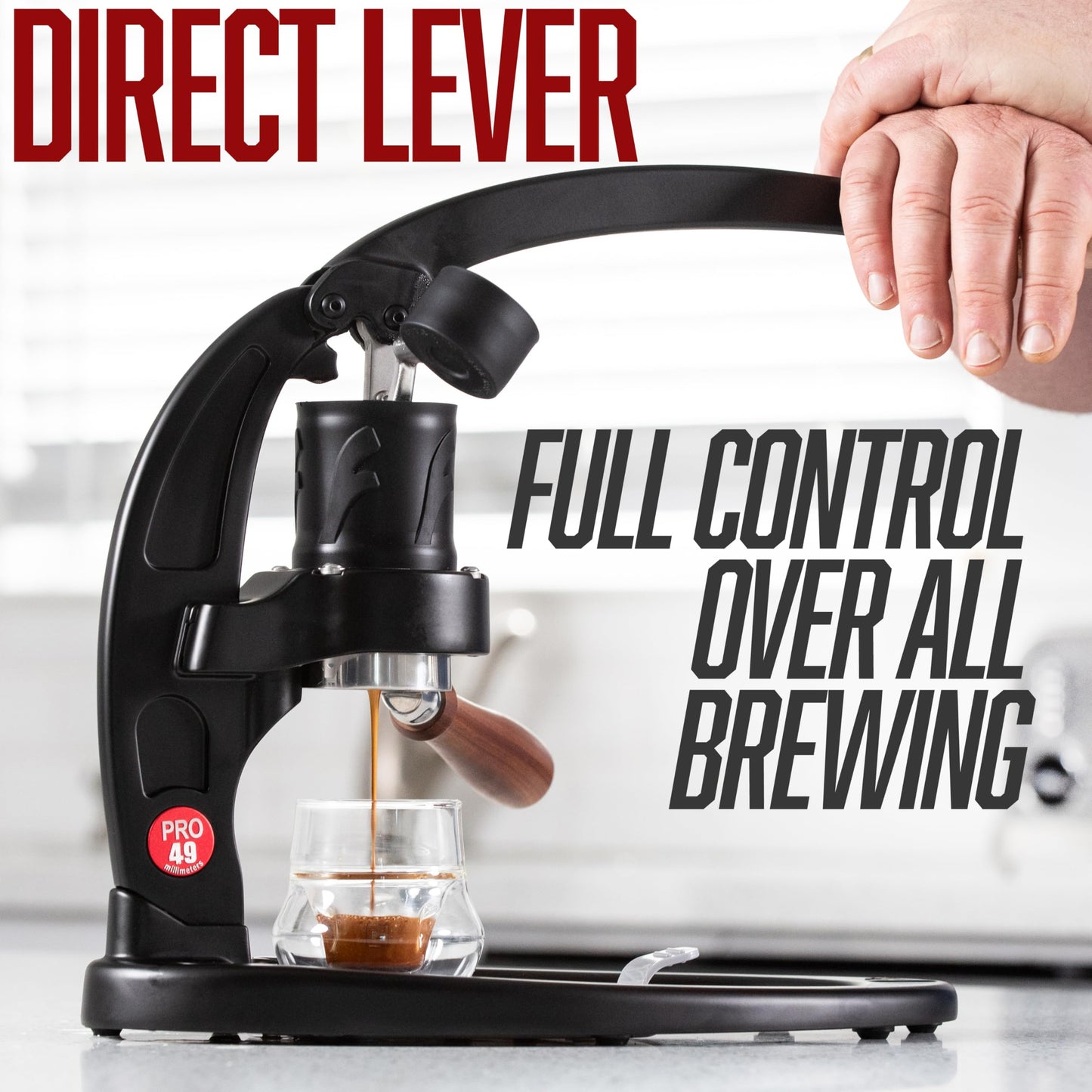 Flair UPDATED 49 PRO (Black) - All manual 49mm lever espresso maker with handled portafilter, pressure gauge and no plastics in brew path