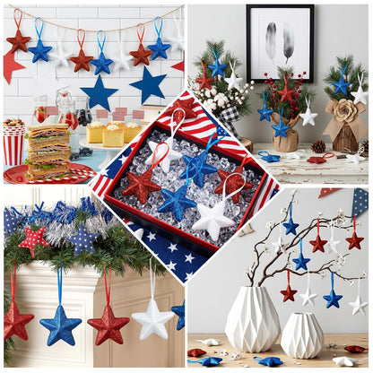 Patriotic Star Tree Ornaments 4th of July Star Hanging Decorations 24 Pcs Red Blue White Stars Tree Ornament Memorial Day Independence Day Hanging Stars for Patrictic Veteran Day Home Decor