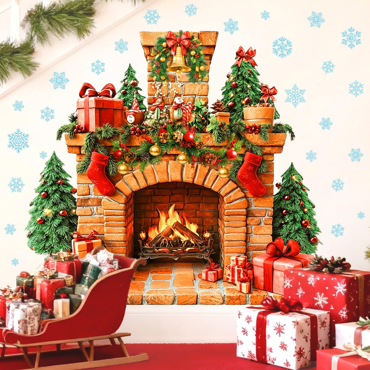 Large Fireplace Wall Stickers Removable Christmas Wall Decals Peel and Stick Fireplace Mural Sticker Winter Tree Snowflake Holiday Decorations for Walls Xmas Fire Flame Decal Party Decor