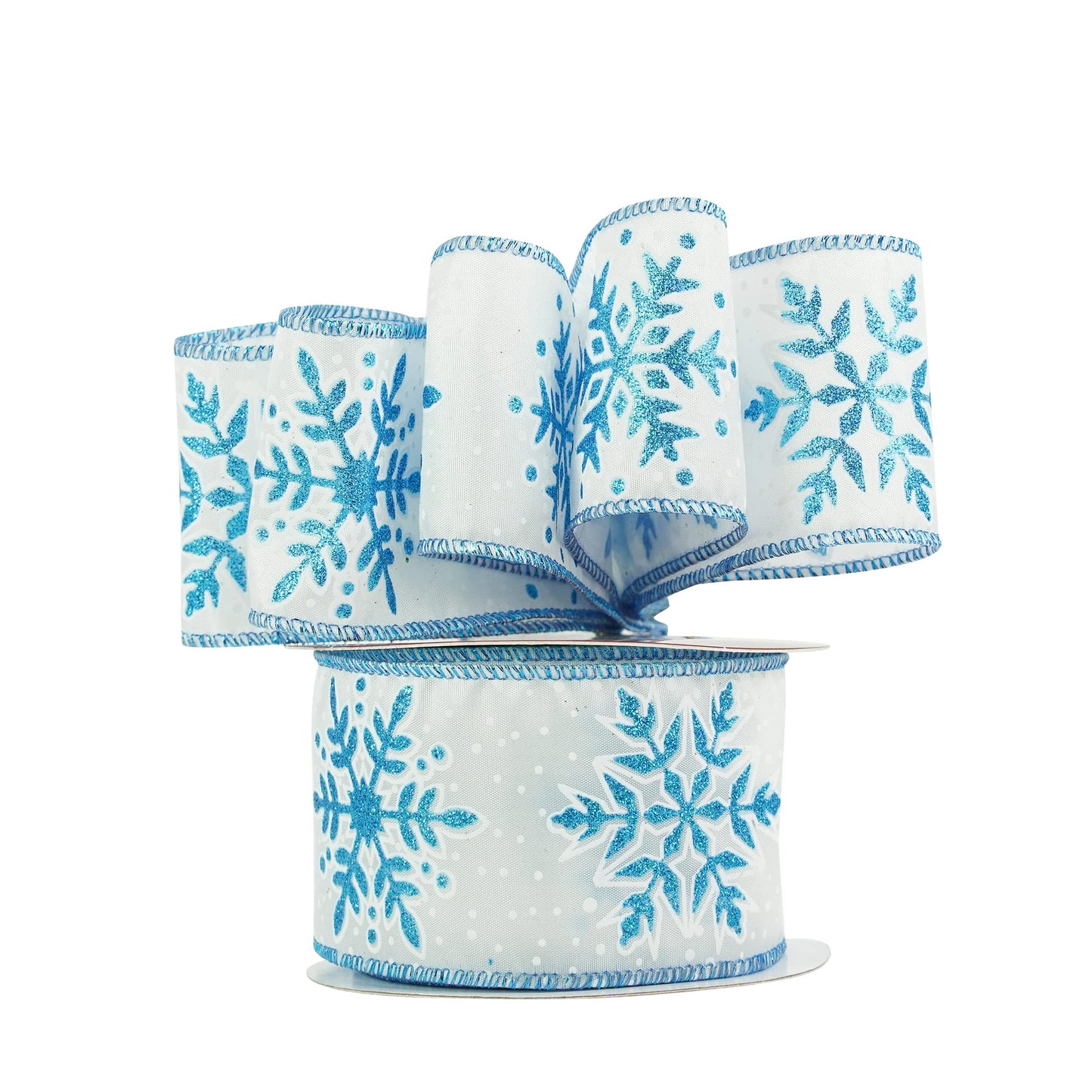 MEEDEE 2.5 Inch White Ribbon with Blue Glitter 10 Yards Wired Snowflake Ribbons Blue and White Ribbon for Christmas Tree, Winter Holiday Decor, Garlands, Wreaths, Gift Wrapping