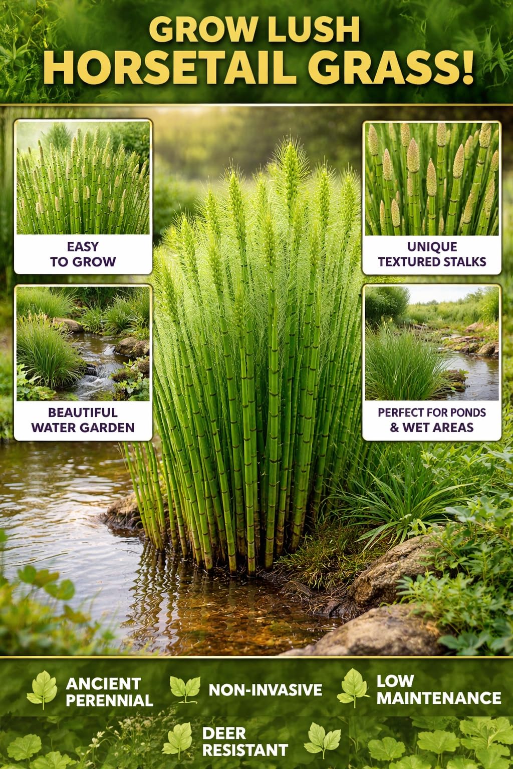 Horsetail Plant Cuttings (Equisetum Hyemale) – Live Rooted Starts for Ponds & Wet Areas – Hardy Perennial, Easy to Grow – Natural Privacy & Water Garden Plant (6 Cuttings)