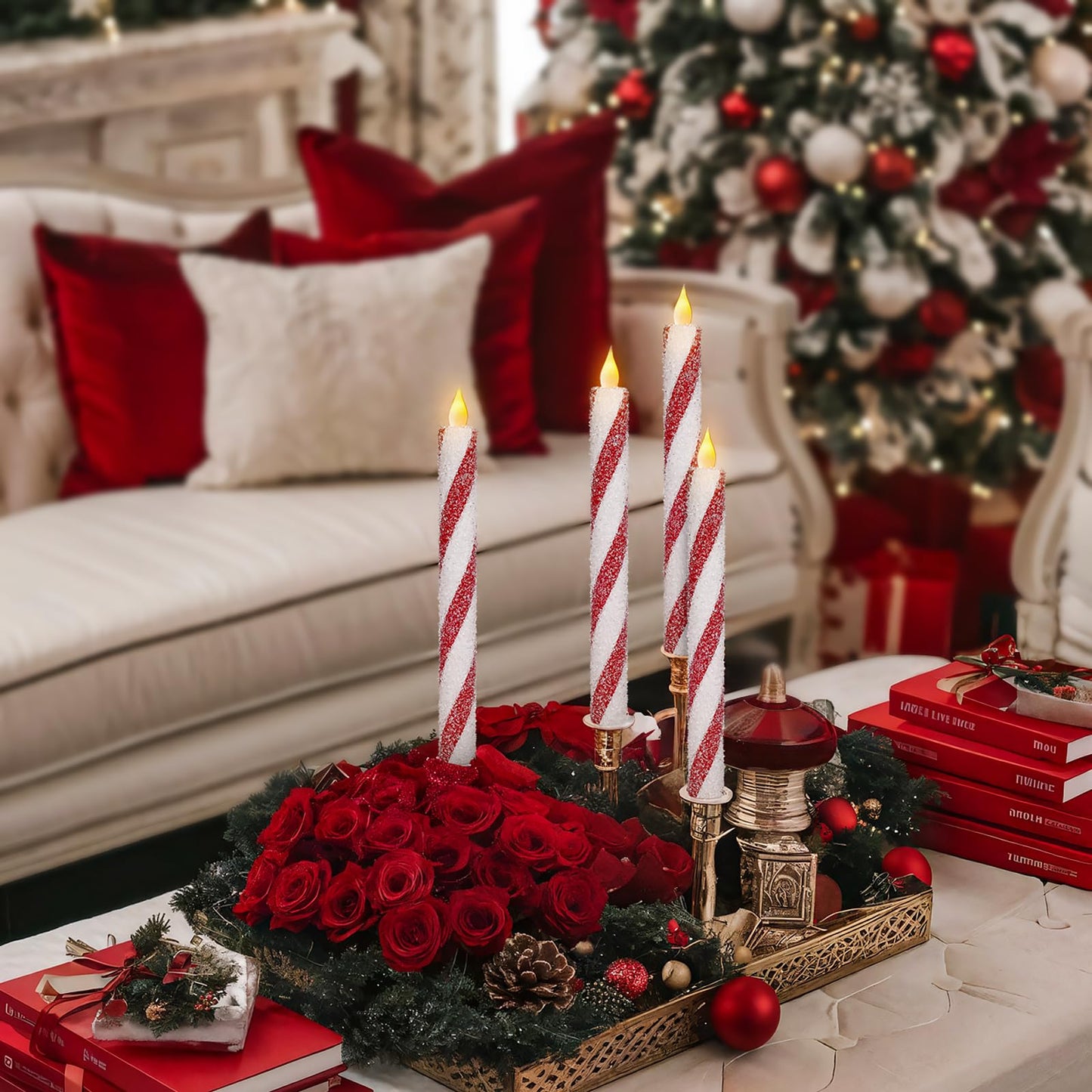 Christmas Flickering Flameless Taper Candles - 6PCS Glitter Candy Cane Red and White Stripes Sea Salt Real Wax Battery Operated Candles For Christmas Party Wedding Winter Home Decoration Xmas Decor